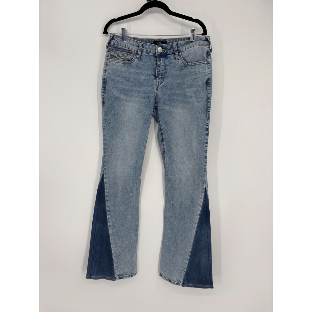 True Religion Jeans Women 29 Blue Joey Mid Rise Flare Two Tone‎ Paneled Stretch